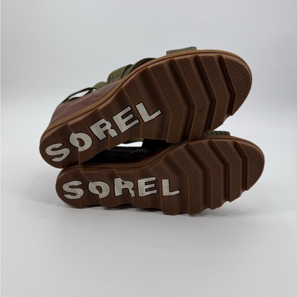 SOREL Joanie II Leather Modern Olive Green Wedge Heeled Sandal Stretch Straps - Picture 4 of 17